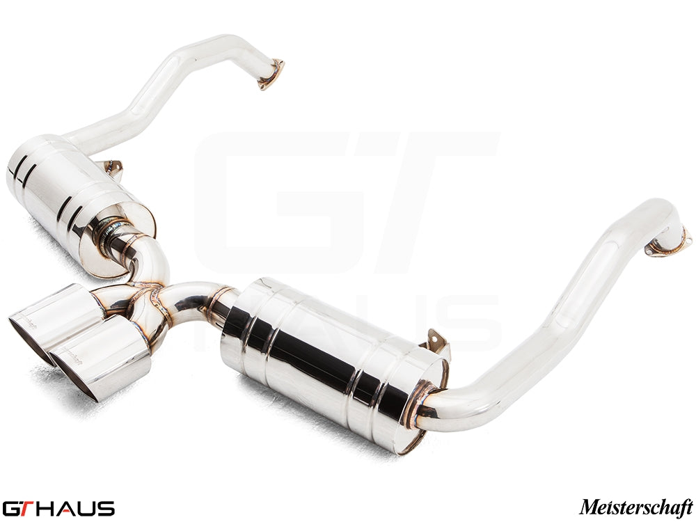 Premium exhaust system for Porsche 987.2 Boxster/S/RS (2009-2012), featuring polished stainless steel and dual tips.