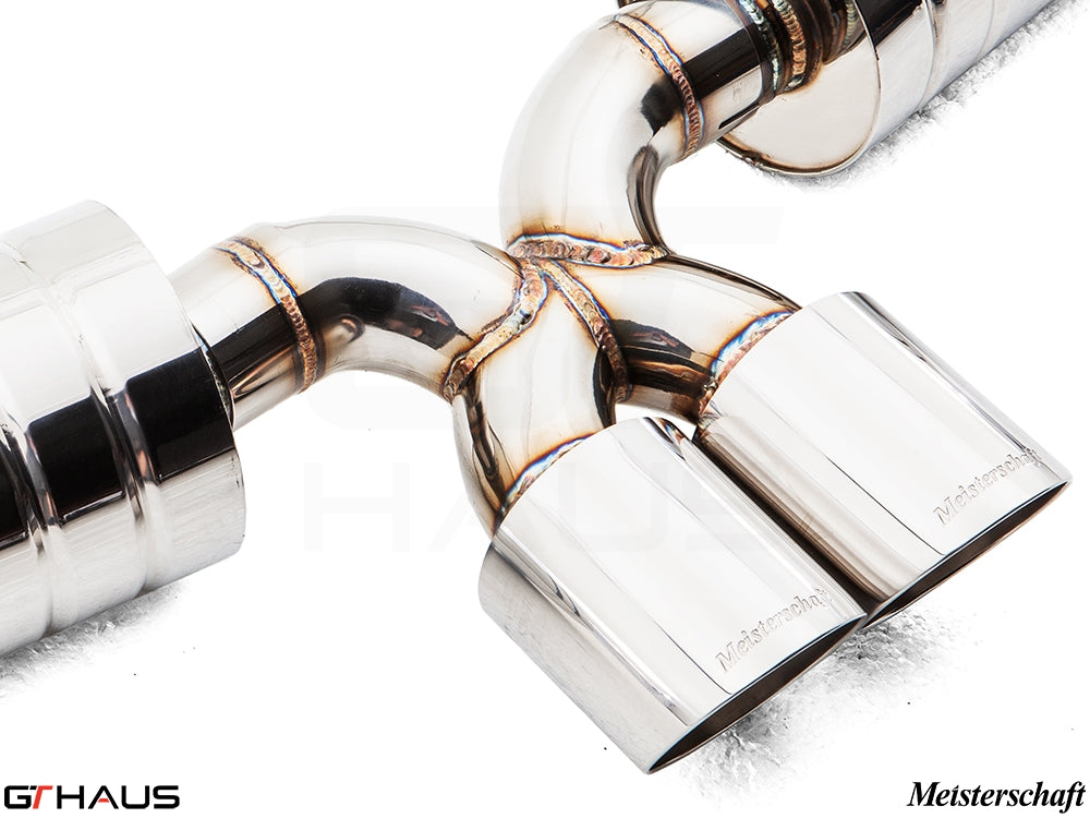 Premium exhaust system for Porsche 987.2 Boxster/S/RS featuring polished stainless steel tips and precision welding.