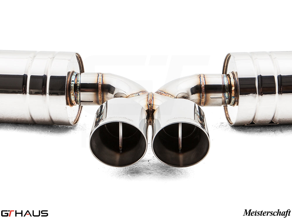 Premium exhaust system for Porsche 987.2 Boxster/S/RS featuring polished stainless steel tips and precision engineering.