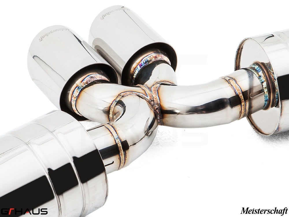 Premium exhaust system for Porsche 987.2 Boxster/S/RS featuring polished stainless steel and precision welding.