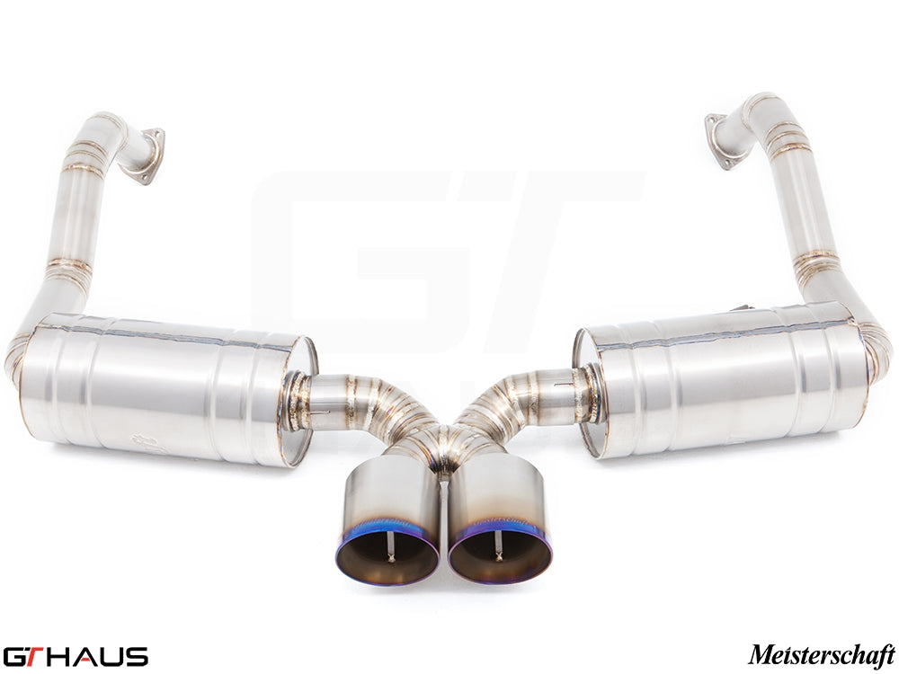 Premium performance exhaust system for Porsche 987.2 Boxster/S/RS (2009-2012), featuring stainless steel construction and dual tips.