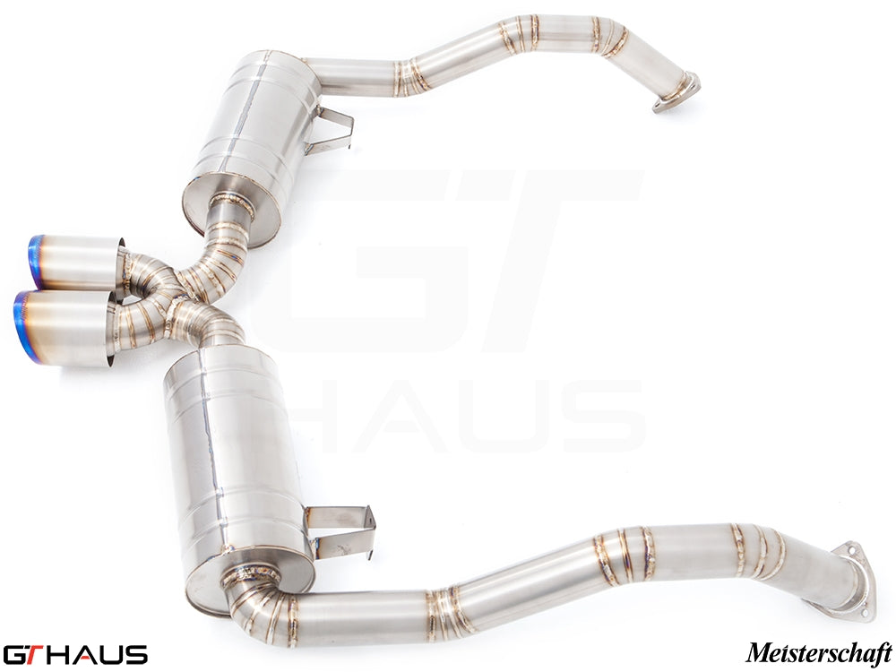 Premium Meisterschaft exhaust system for Porsche 987.2 Boxster/S/RS, featuring T304 stainless steel construction and dual tips.