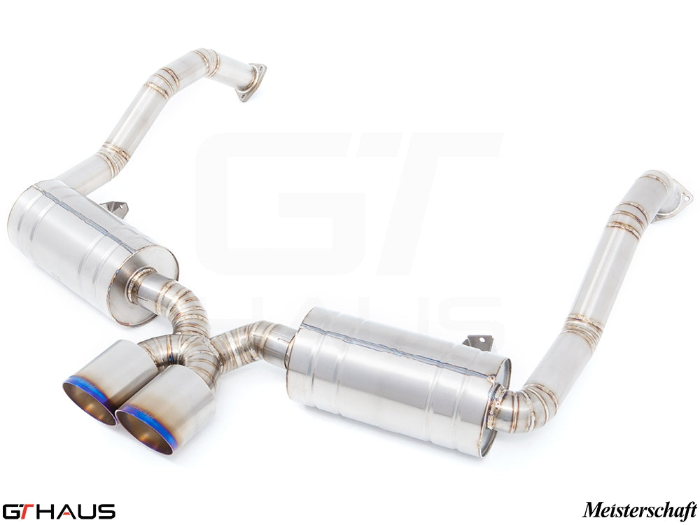 Premium Meisterschaft exhaust system for Porsche 987.2 Boxster/S/RS, featuring stainless steel construction and dual tips.