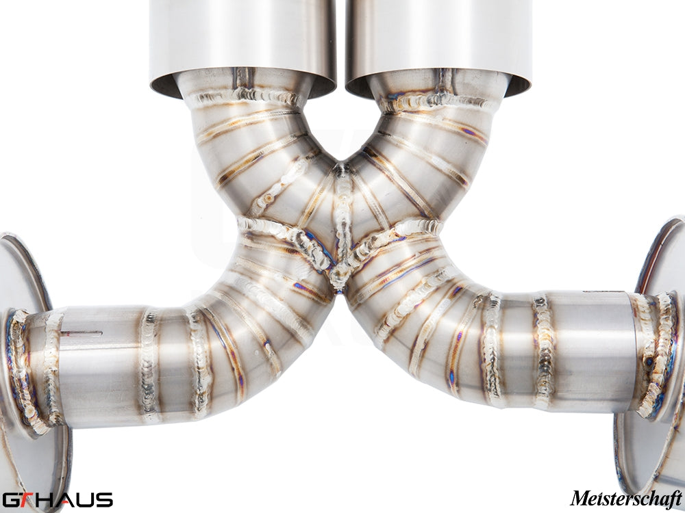 Premium exhaust system for Porsche 987.2 Cayman PDK, showcasing high-quality welds and stainless steel construction.