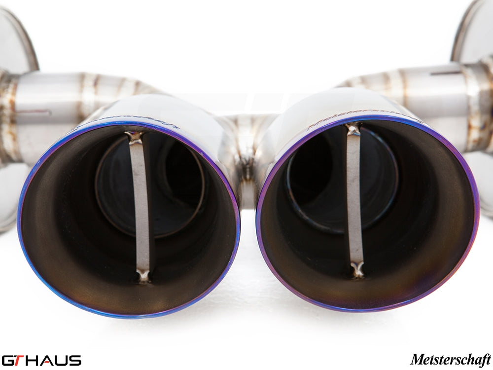 Premium exhaust tips for Porsche 987.2 Cayman PDK, showcasing high-quality craftsmanship and performance design.