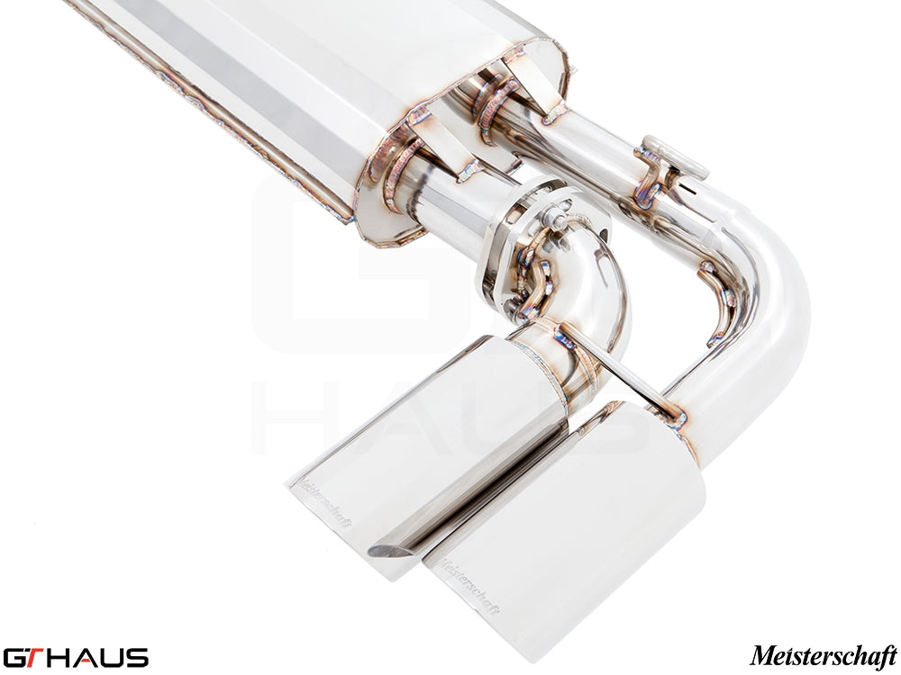 Premium Meisterschaft exhaust system for Porsche Cayenne V6 3.6L, featuring polished stainless steel and dual tips.