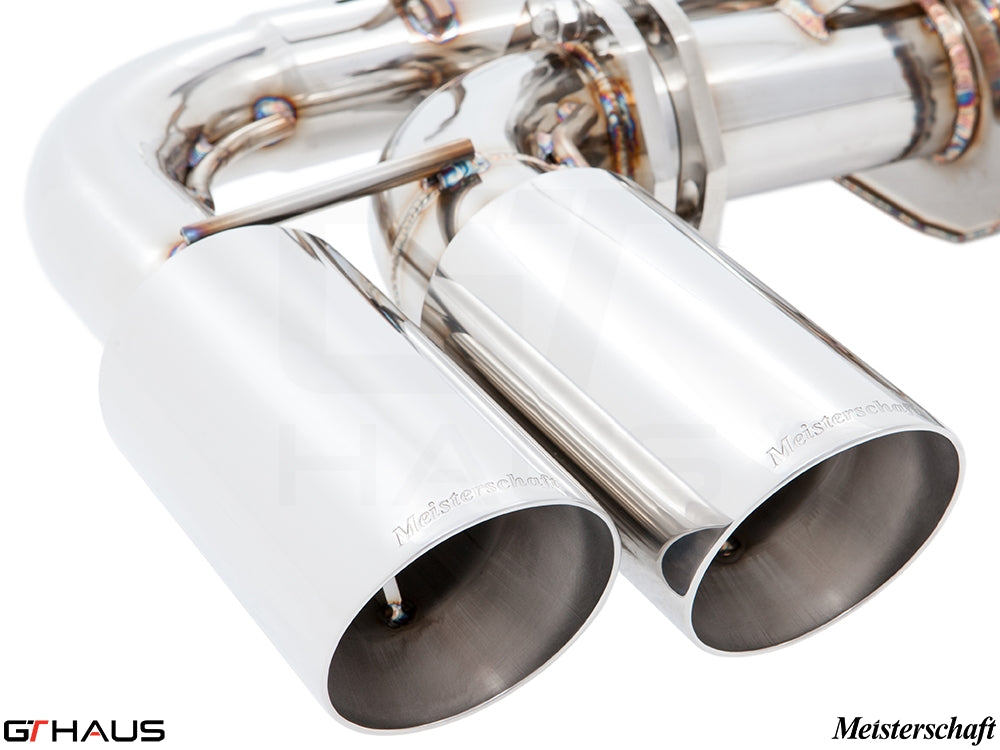 Premium Meisterschaft exhaust system for 2015+ Porsche Cayenne V8, featuring polished dual tips and high-quality craftsmanship.
