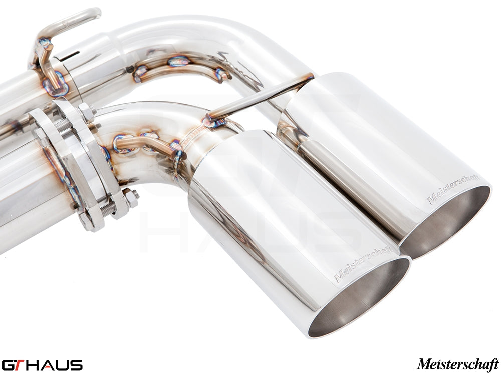 Premium Meisterschaft exhaust tips for Porsche Cayenne V8 (2015+) showcasing polished stainless steel design.