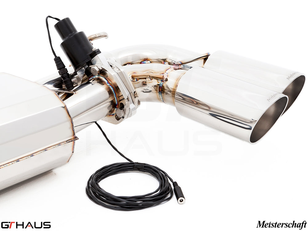 Premium Meisterschaft exhaust system for 2015+ Porsche Cayenne TDI featuring polished tips and electronic valve control.