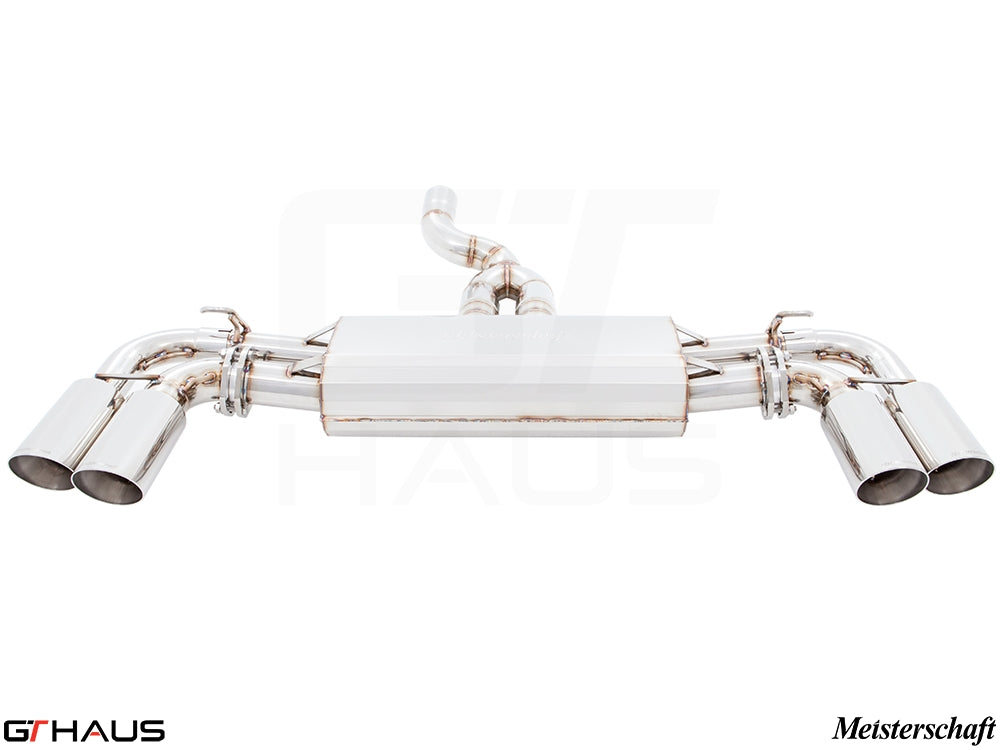 Premium exhaust system for 2015+ Porsche Cayenne TDI V6 Turbo Diesel, featuring polished stainless steel and quad tips.