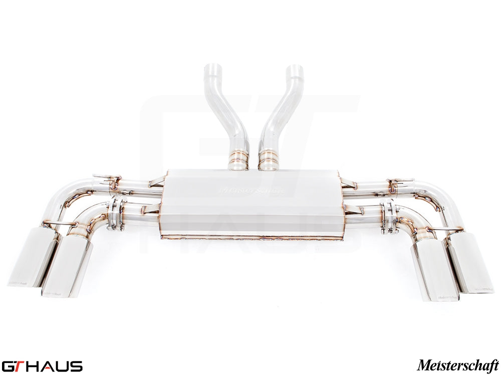 Premium exhaust system for 2015+ Porsche Cayenne V6 3.6L, featuring polished stainless steel and Meisterschaft branding.