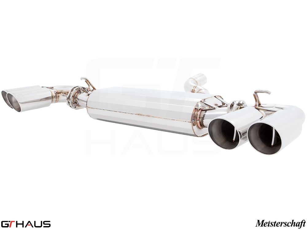 Premium Meisterschaft exhaust system for 2019-2023 Porsche Cayenne V6 Turbo, featuring polished stainless steel tips.