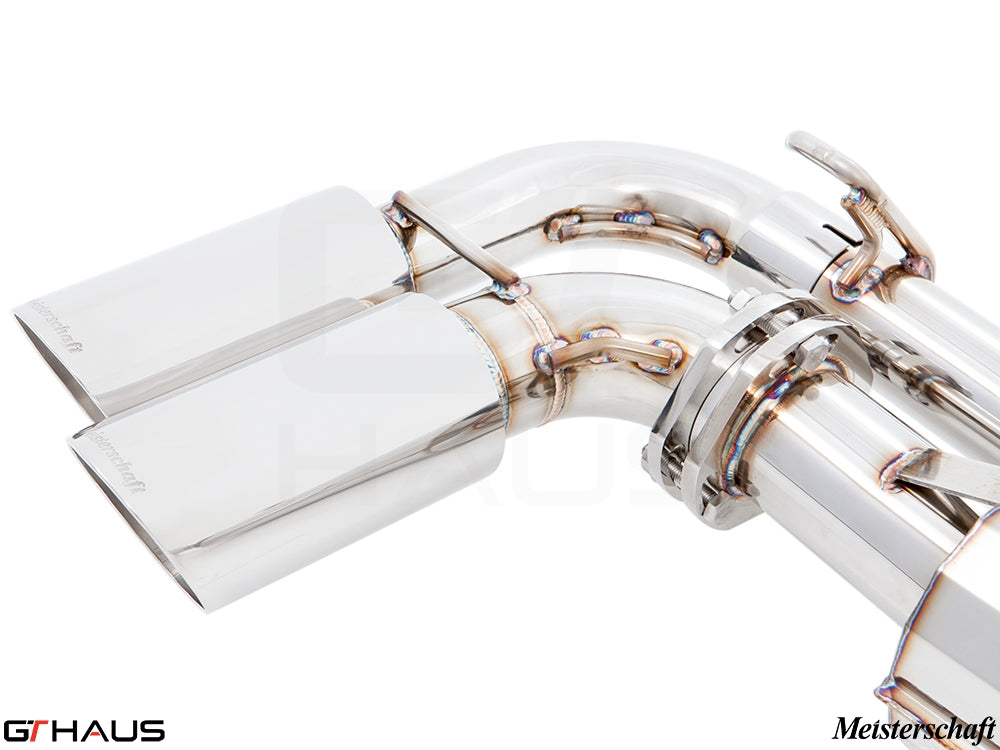 Premium exhaust system for Porsche Cayenne SUV/Coupe (2019-2023) featuring polished stainless steel tips and precision engineering.