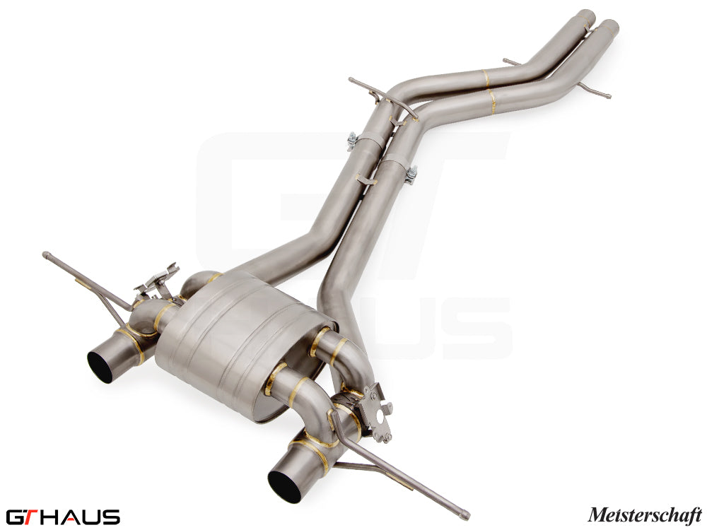 Premium performance exhaust system for 2022-2023 Porsche Cayenne Turbo GT, featuring stainless steel construction and dual tips.