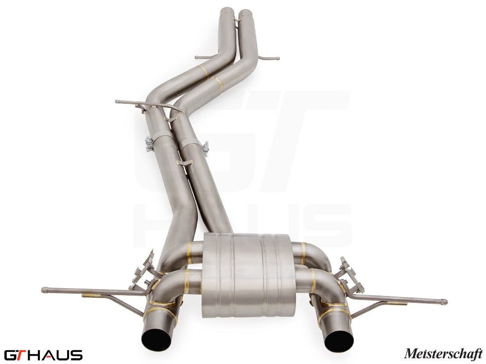 Premium performance exhaust system for 2022-2023 Porsche Cayenne Turbo GT, featuring stainless steel construction and dual outlets.