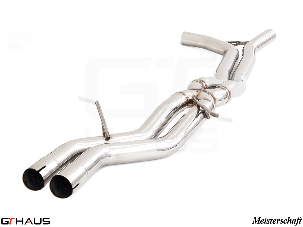 Porsche Macan 2022+ full cat-back exhaust system with front, mid, and SR pipe for V6 petrol models. Premium stainless steel design.