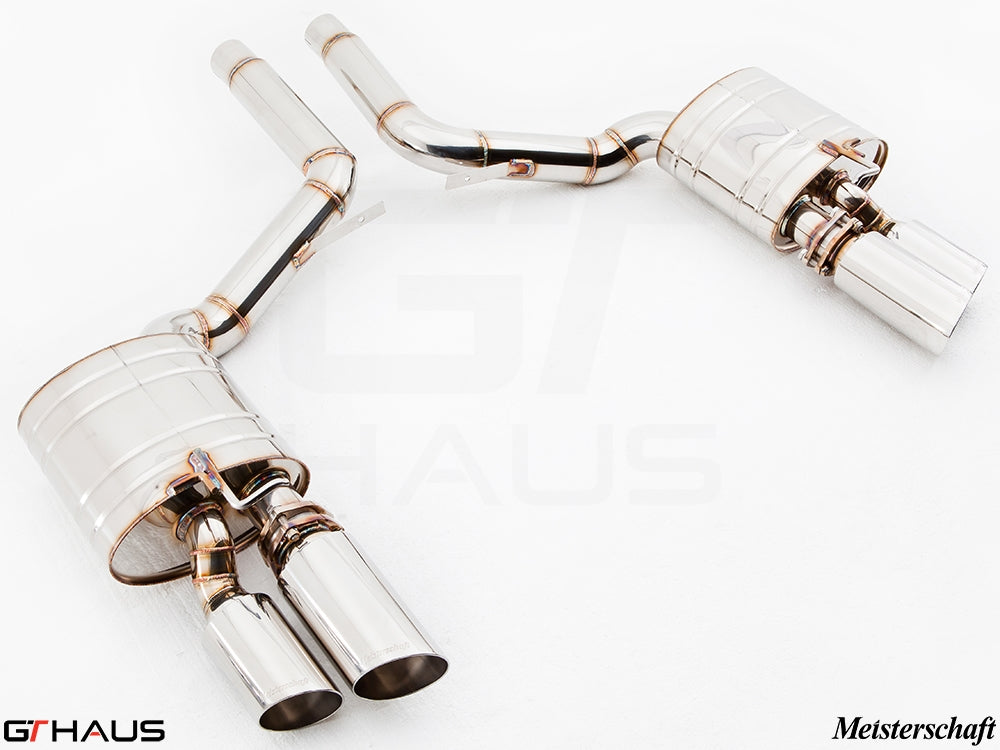 Premium Meisterschaft exhaust system for Porsche Panamera Sedan 970 V6 3.6L, featuring polished stainless steel construction.