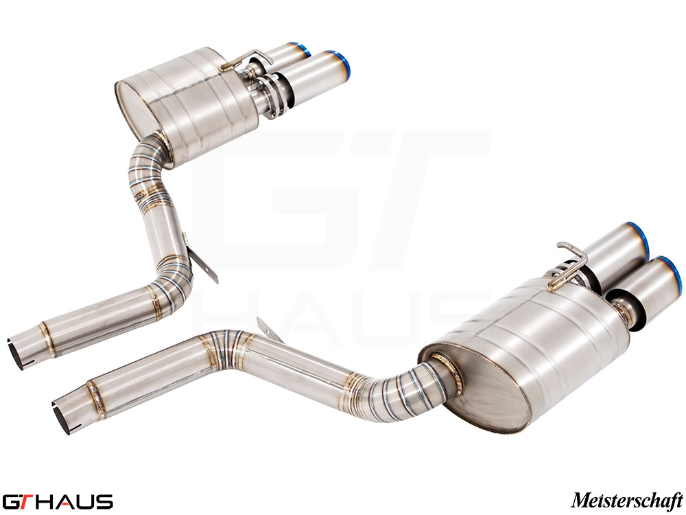 Premium Meisterschaft exhaust system for Porsche Panamera Sedan 970 V8 models, featuring stainless steel construction and dual tips.