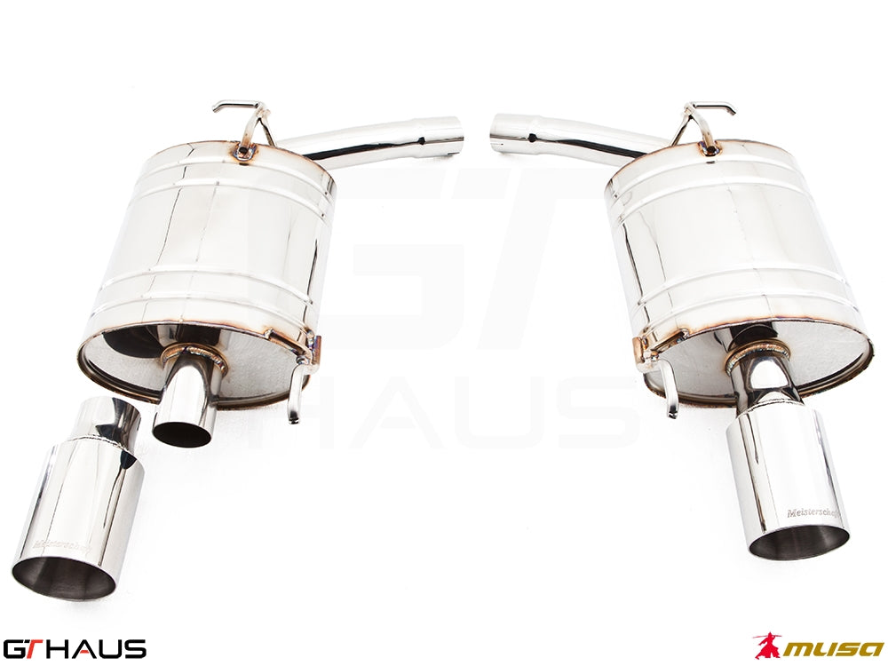 Premium performance exhaust system for Infiniti G37/Q40, featuring polished stainless steel construction and dual tips.