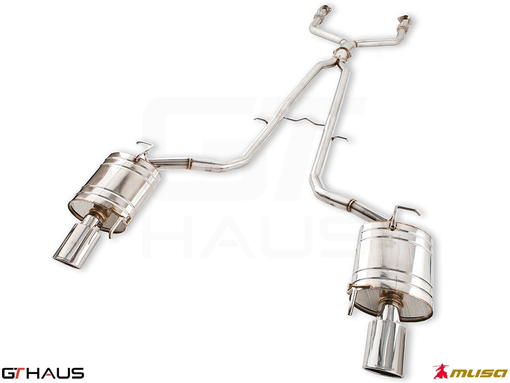 Premium performance exhaust system for Infiniti G37, G37S, and Q40 Sedan, featuring stainless steel construction and dual tips.