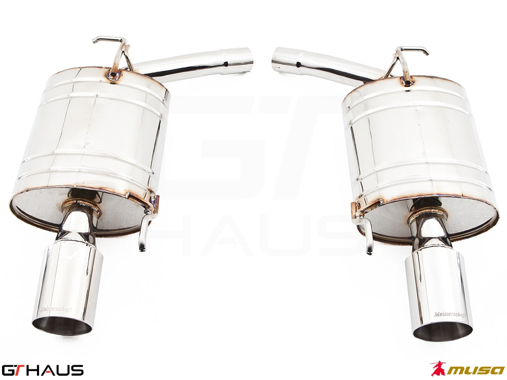 Premium exhaust system for Infiniti G37/Q40, featuring polished stainless steel construction and dual tips for enhanced performance.