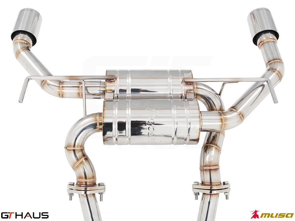 Premium exhaust system for Infiniti Q50 Sedan 3.0 V6 Turbo, featuring T304 stainless steel and enhanced performance design.