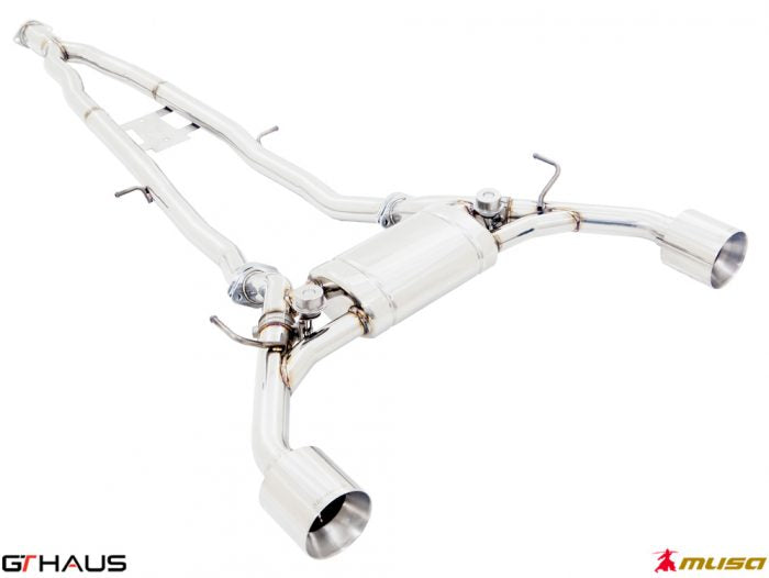 Premium performance exhaust system for Infiniti Q50 Sedan 3.7L V6 VVEL, featuring polished stainless steel construction.