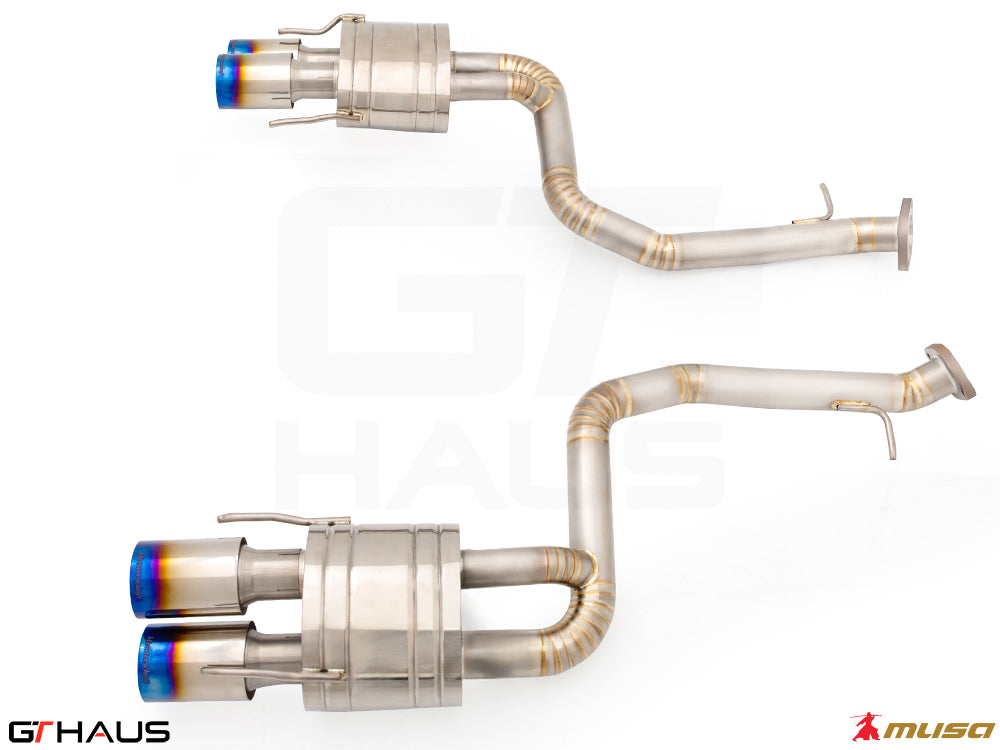Premium performance exhaust system for Lexus GS-F (V8) 2012+, featuring stainless steel construction and blue-tipped exhaust tips.