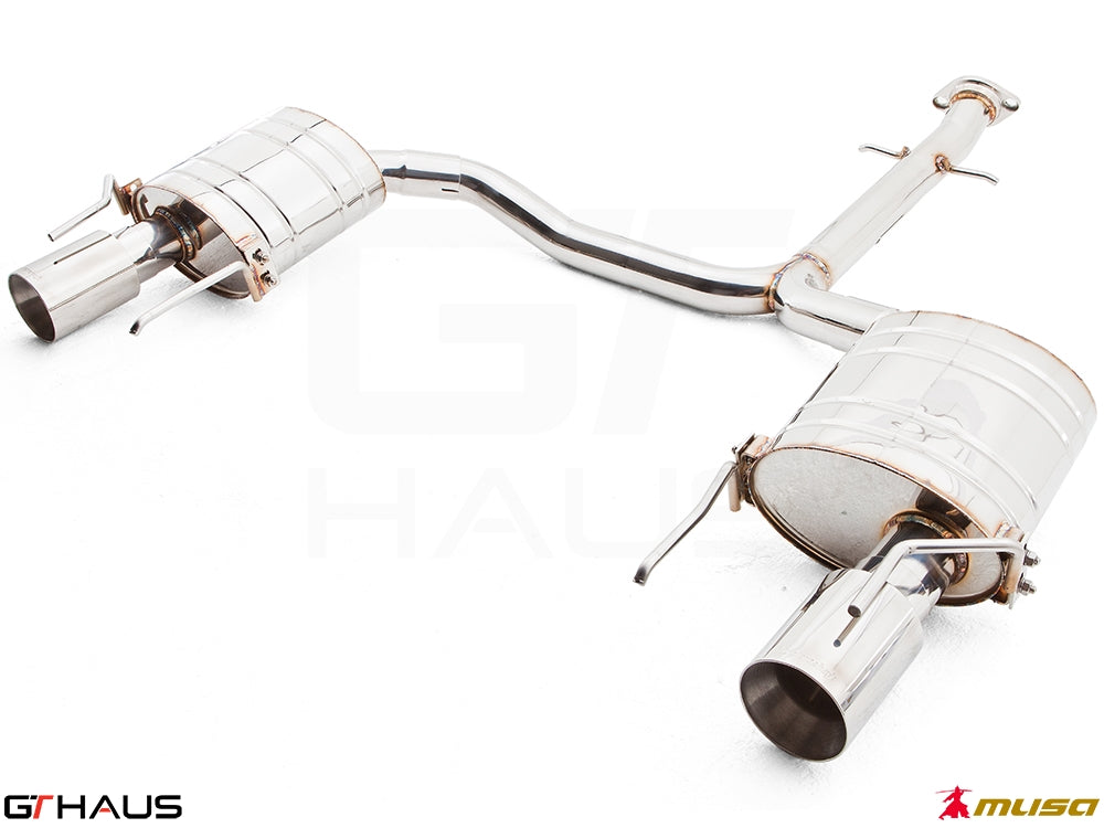 Premium performance exhaust system for Lexus IS 250 and IS 350 sedans, featuring dual tips and stainless steel construction.