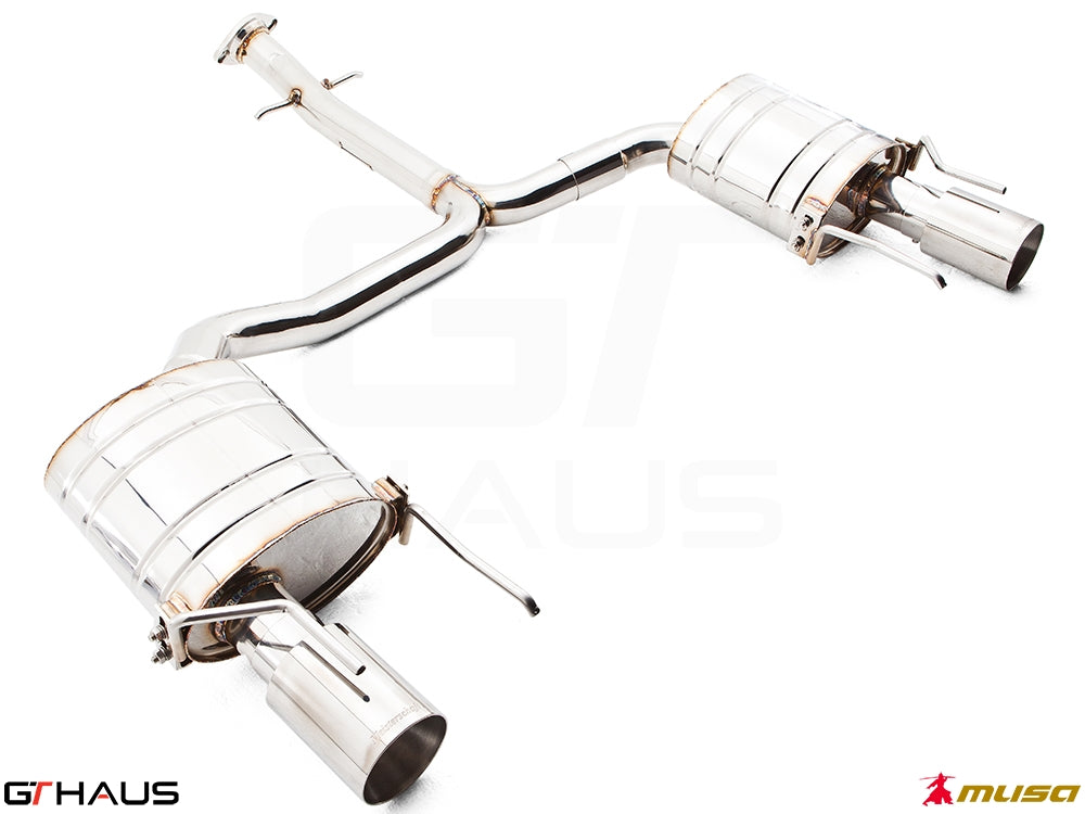 Premium performance exhaust system for Lexus IS 250/350 V6 sedan, featuring stainless steel construction and dual tips.