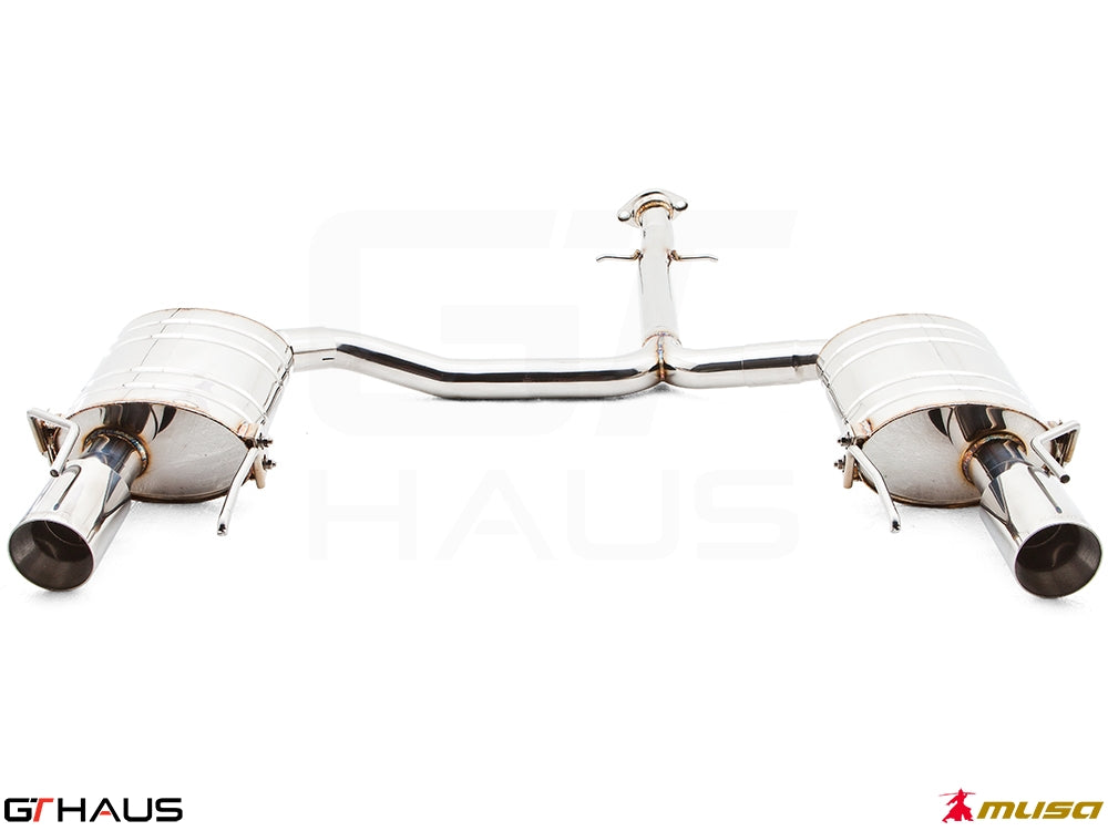 Premium performance exhaust system for Lexus IS 250/350 V6 sedan, featuring polished stainless steel construction and dual tips.