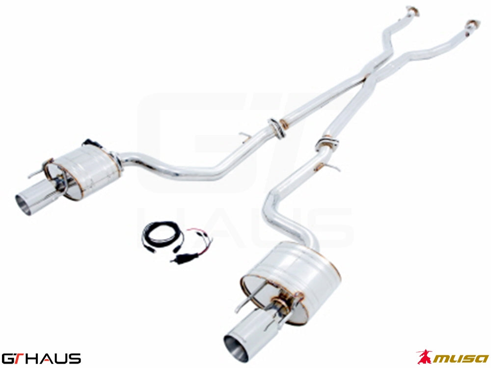 Premium performance exhaust system for 2014+ Lexus IS 250/350/350 F-Sport AWD, featuring stainless steel construction and electronic valve control.