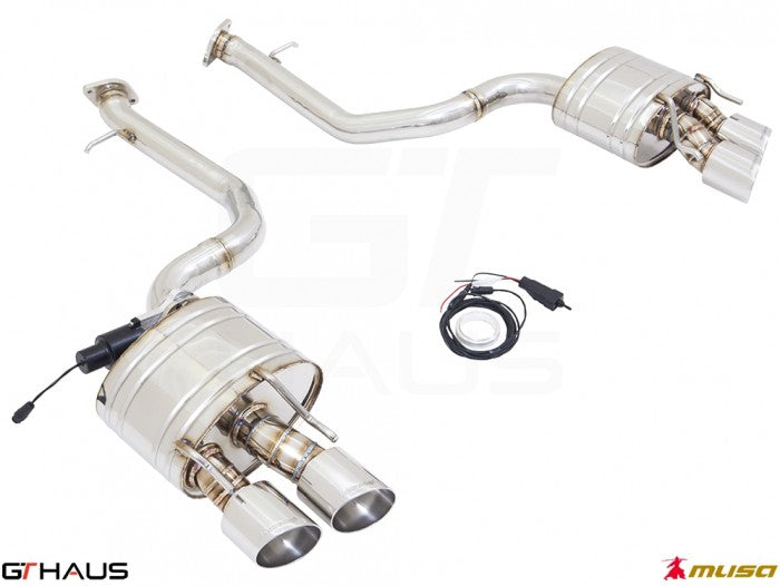 Premium performance exhaust system for 2021+ Lexus IS350 F-Sport RWD featuring dual tips and electronic valve control.