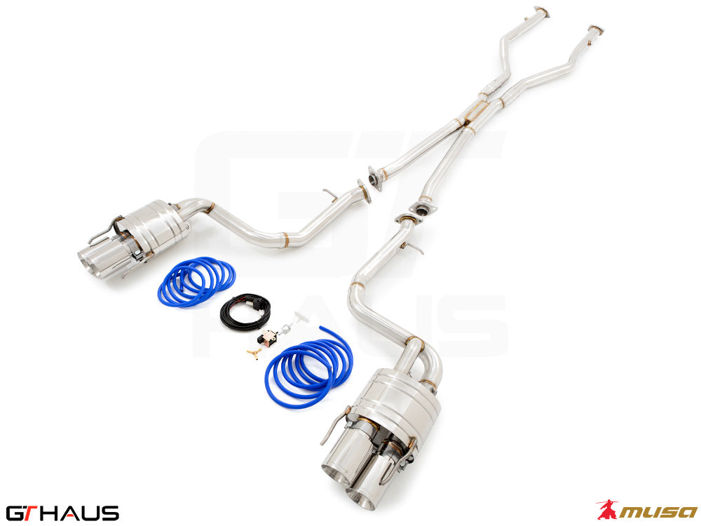 Premium performance exhaust system for Lexus IS500 V8 (2021+), featuring stainless steel construction and dual tips.