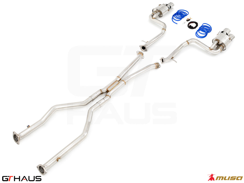 Premium performance exhaust system for Lexus IS500 V8 (2021+) featuring stainless steel construction and electronic valve control.