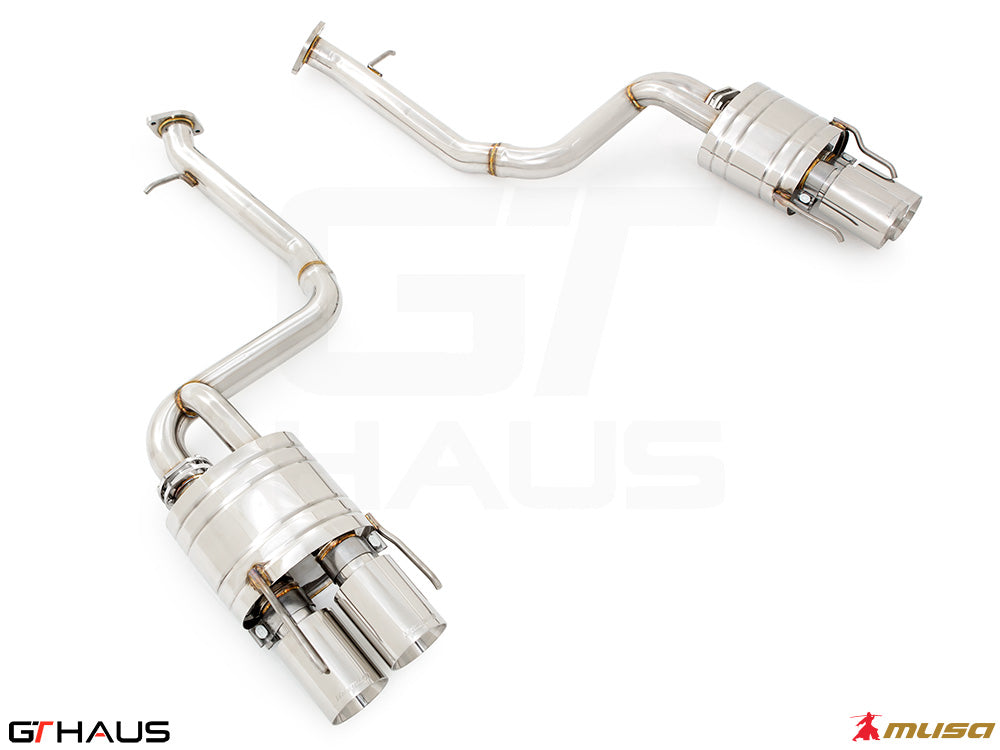 Premium exhaust system for Lexus IS500 V8 (2021+) featuring polished stainless steel construction and dual tips.