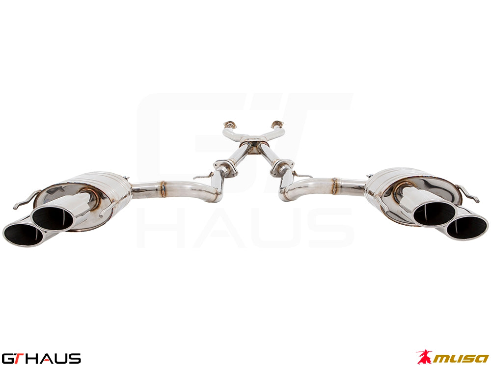 Premium performance exhaust system for Lexus IS500 V8 (2021+), featuring polished stainless steel construction and quad tips.