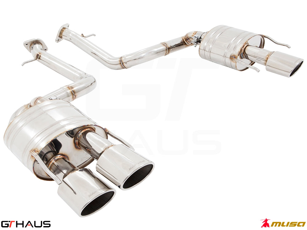 Premium performance exhaust system for Lexus IS500 V8, featuring polished stainless steel and dual tips for enhanced sound.