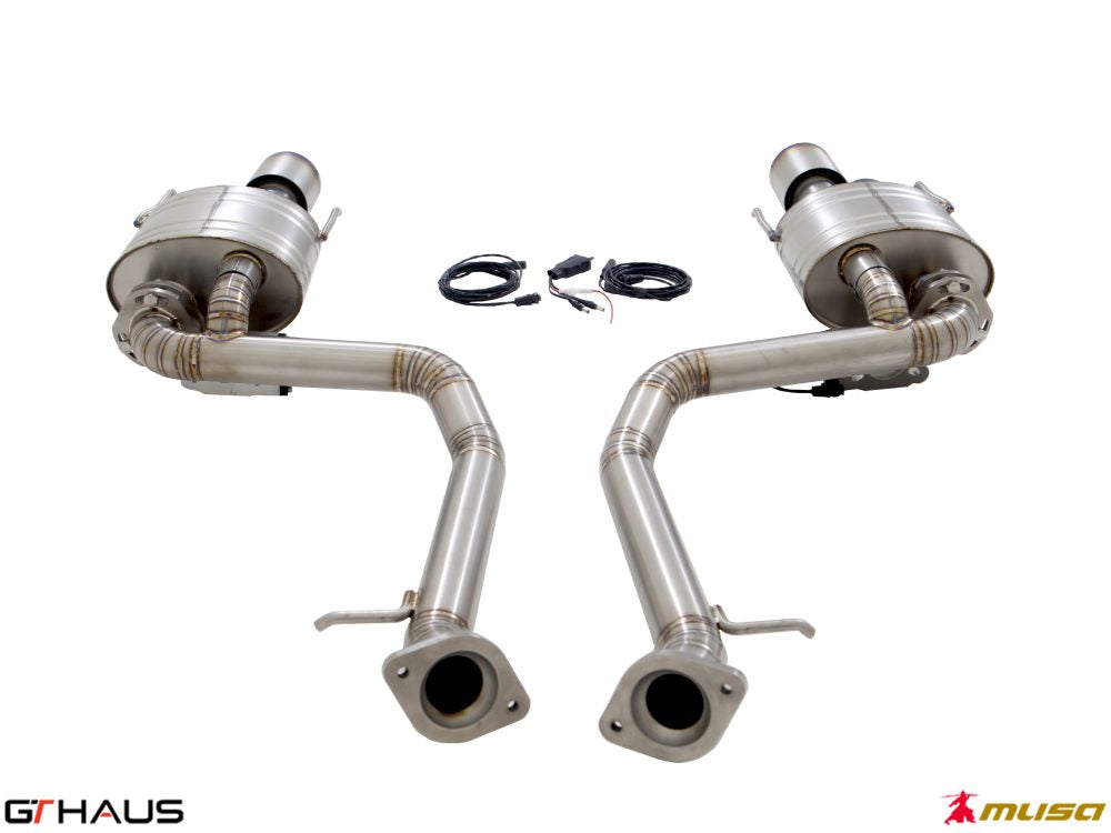 Premium performance exhaust system for Lexus IS500 V8 (2021+) featuring stainless steel construction and electronic valve control.
