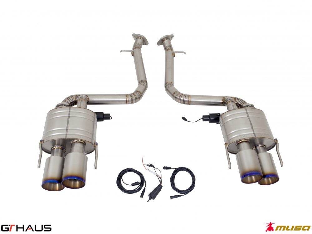 Premium performance exhaust system for Lexus IS500 V8, featuring stainless steel construction and electronic valve control.