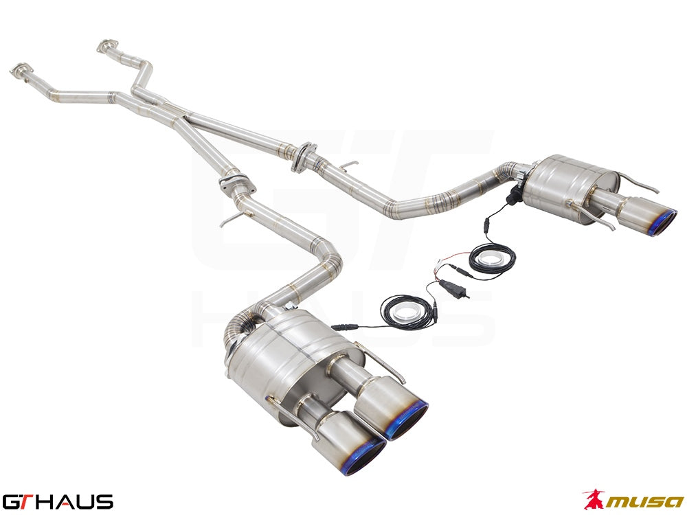 Premium performance exhaust system for Lexus IS500 V8 (2021+), featuring T304 stainless steel and electronic valve control.