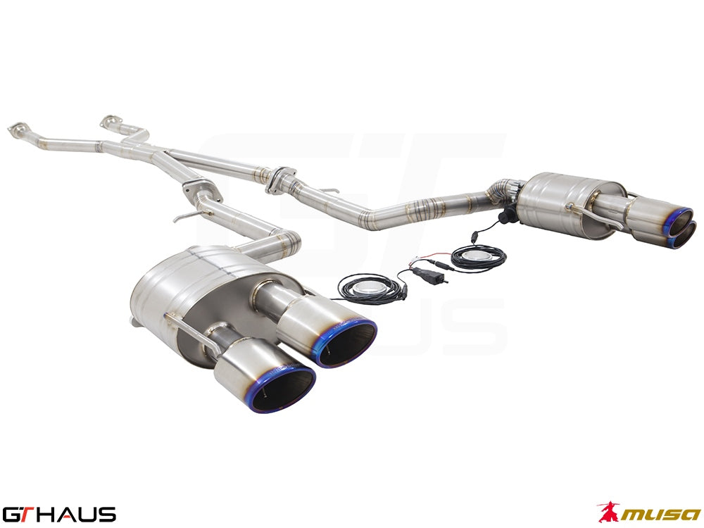 Premium performance exhaust system for Lexus IS500 V8 (2021+), featuring stainless steel construction and electronic valve control.