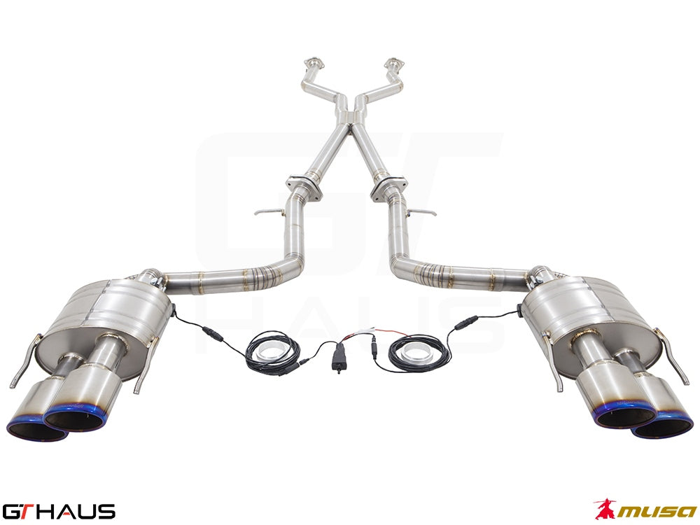 Premium performance exhaust system for Lexus IS500 V8 (2021+) featuring stainless steel construction and electronic valve control.