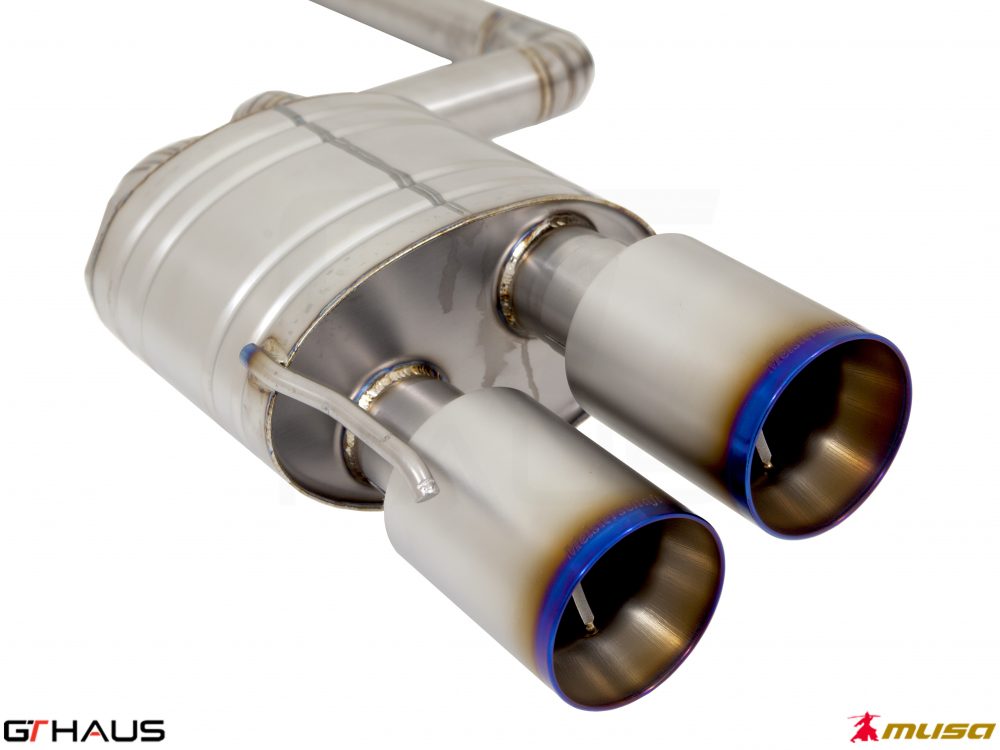 Premium exhaust system for Lexus IS500 V8, featuring dual tips and high-quality stainless steel construction.