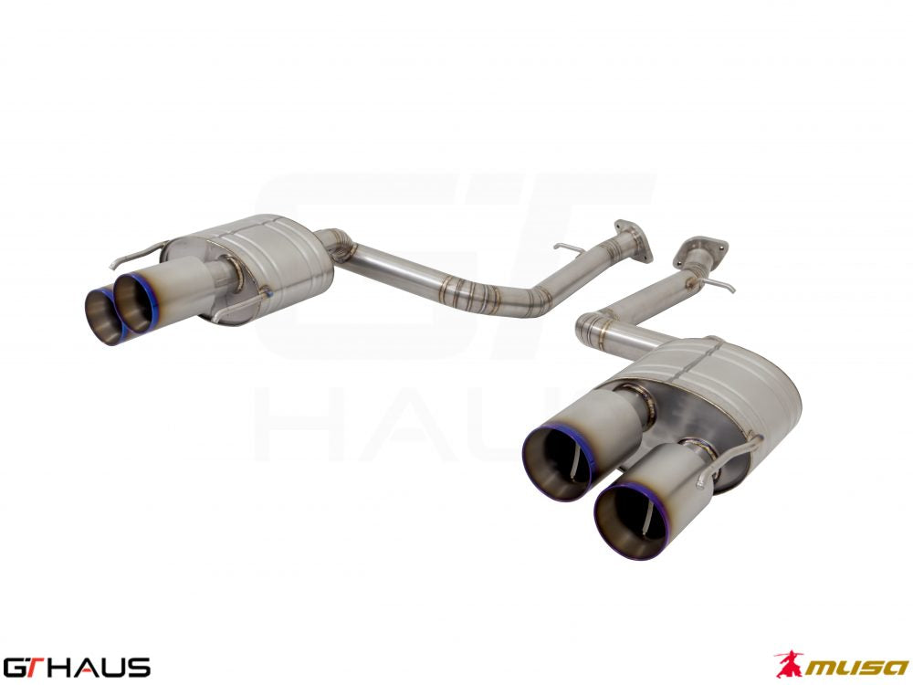 Premium performance exhaust system for Lexus IS500 V8, featuring stainless steel construction and dual tips.