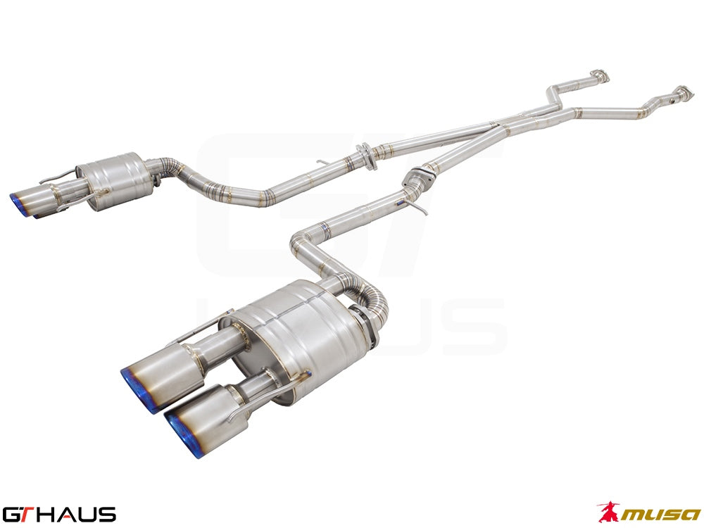 Premium performance exhaust system for Lexus IS500 V8, featuring stainless steel construction and dual tips.