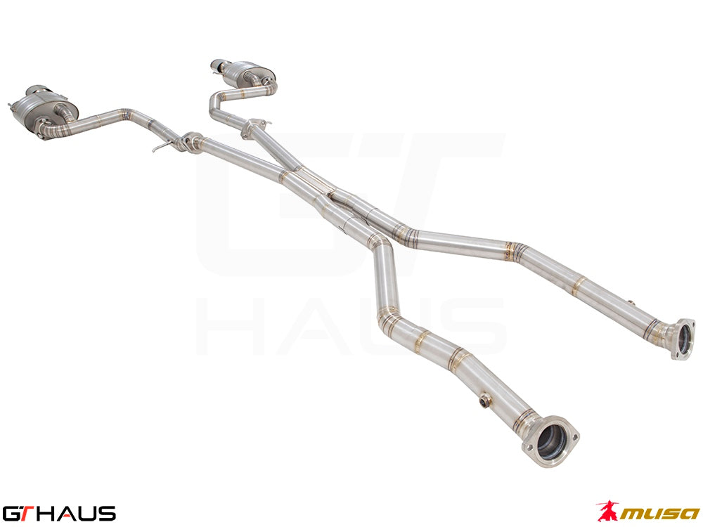 Premium performance exhaust system for Lexus IS500 V8 (2021+) featuring stainless steel construction and electronic valve control.