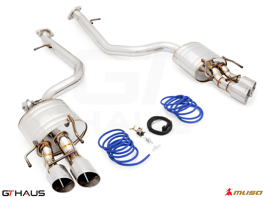 Premium performance exhaust system for 2021+ Lexus IS350 F-Sport RWD, featuring stainless steel construction and electronic valve control.