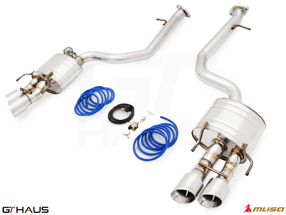 Premium performance exhaust system for 2021+ Lexus IS350 F-Sport RWD, featuring stainless steel construction and dual tips.