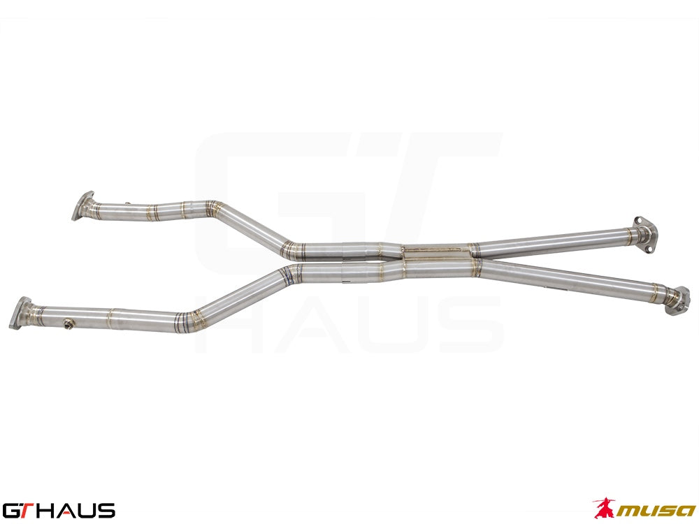 Lexus LC series 2017+ Cat-Back LSR pipe featuring front and mid sections, crafted from high-quality stainless steel.